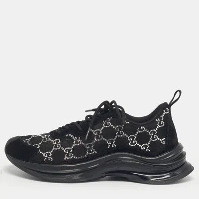Pre-owned Gucci Black Gg Crystal Mesh And Suede Run Sneakers Size 40