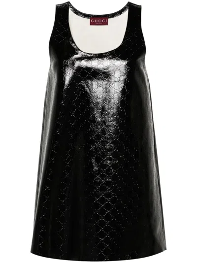 Gucci Black Gg-debossed Leather Mini Dress