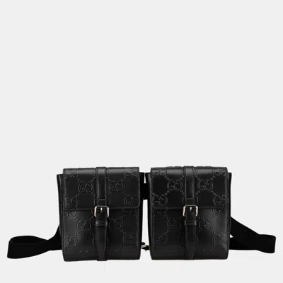 Pre-owned Gucci Black Gg Embossed Perforated Double Belt Bag