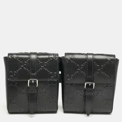Pre-owned Gucci Black Gg Embossed Perforated Leather Double Belt Bag