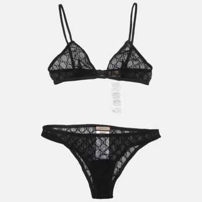 Pre-owned Gucci Black Gg Embroidered Tulle Bikini Set L