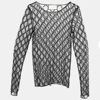 Pre-owned Gucci Black Gg Embroidered Tulle Long Sleeve Sheer Top S