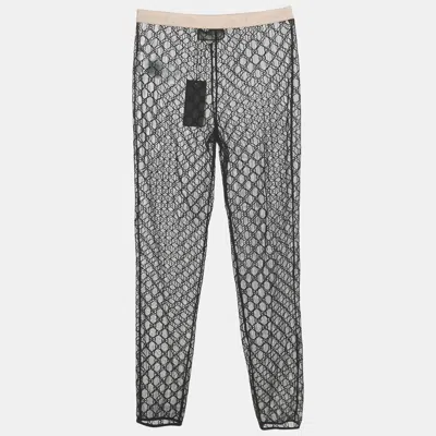 Pre-owned Gucci Black Gg Embroidered Tulle Sheer Leggings Xl
