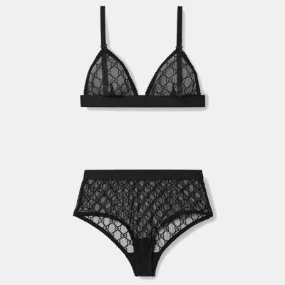 Pre-owned Gucci Black Gg Embroidered Tulle Sheer Lingerie Set L