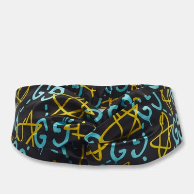 Pre-owned Gucci Black Gg Graffiti Star Print Ghost Silk Twist Headband