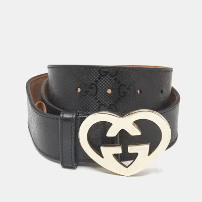 Pre-owned Gucci Black Gg Imprime Canvas Lovely Heart Buckle Belt 80 Cm