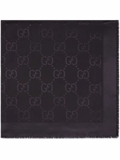 Gucci Frayed Gg Jacquard Printed Silk Scarf In Black