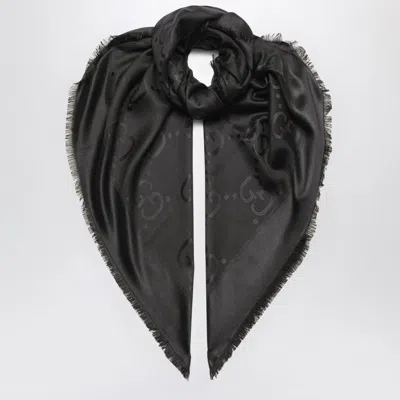 Gucci Black Gg Jacquard Frayed Scarf Women