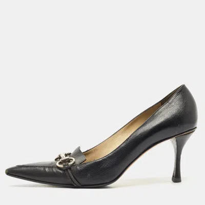 Pre-owned Gucci Black Gg Leather Horsebit Pointed Toe Pumps Size 38.5
