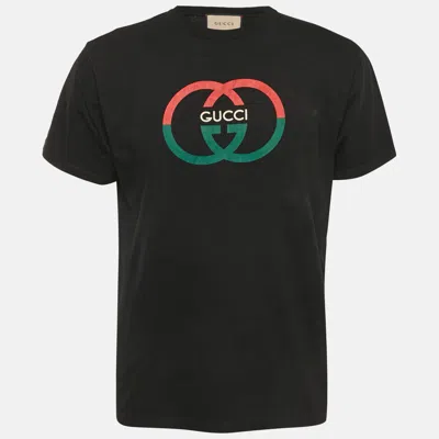 Pre-owned Gucci Black Gg Logo Print Jersey Short Sleeve T-shirt S