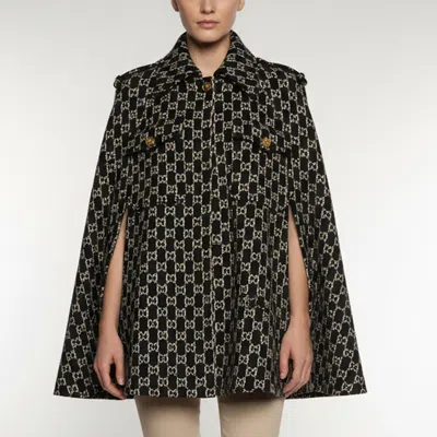 Pre-owned Gucci Black Gg Monogram Wool Cape M