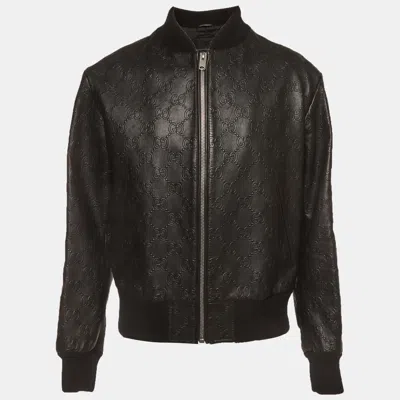 Pre-owned Gucci Black Gg Monogram Zip Up Bomber Jacket L