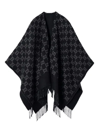 GUCCI BLACK GG-PATTERN FRINGED PONCHO
