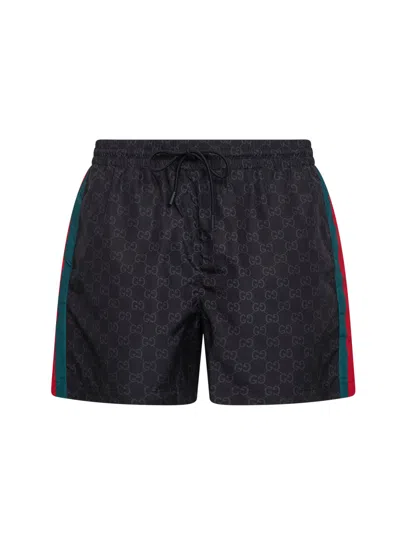 Gucci Black Gg Print Nylon Swim Shorts With Web Detail