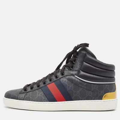 Pre-owned Gucci Black Gg Supreme Canvas Ace High Top Trainers Size 42