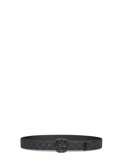 Gucci Men Black Gg Supreme Canvas Belt With Interlocking G Buckle