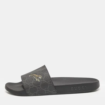 Pre-owned Gucci Black Gg Supreme Canvas Tiger Pool Slides Size 41