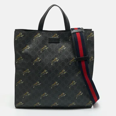 Pre-owned Gucci Black Gg Supreme Canvas Tiger Print Vertical Tote