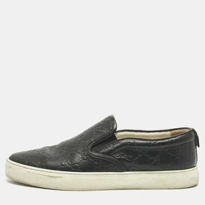 Pre-owned Gucci Black Gg Supreme Leather Slip On Sneakers Size 44