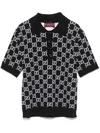 Gucci Black Polo Shirt With Ribbed Trims In Gg Canvas Woman In Black