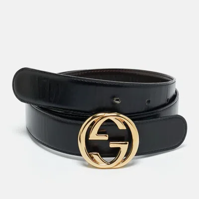 Pre-owned Gucci Black Glossy Leather Interlocking G Belt 75cm