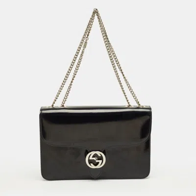 Pre-owned Gucci Black Glossy Leather Medium Interlocking G Shoulder Bag