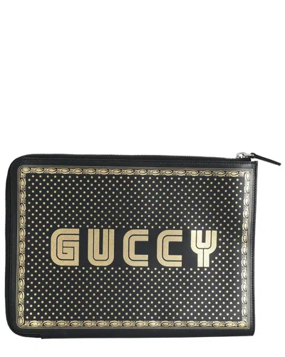 Gucci Black, Gold Leather Magnetismo Print Pouch (authentic Pre-loved)