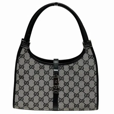 Pre-owned Gucci Black Gray Canvas Leather Shoulder Bag Tote Bag () In Black, Gray