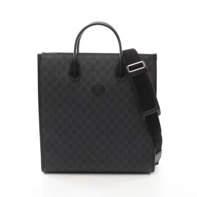 Pre-owned Gucci Black Gray Coated Canvas Leather Tote Bag ()