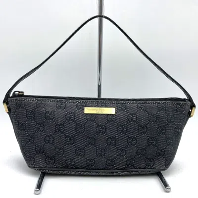 Pre-owned Gucci Black Gray Denim Gg Canvas Handbag Pouch () In Multi