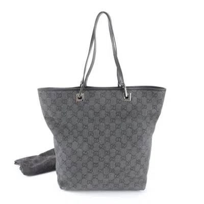 Pre-owned Gucci Black Gray Leather Canvas Handbag Shoulder Bag Tote Bag () In Multi