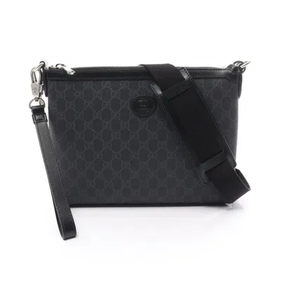 Pre-owned Gucci Black Gray Pvc Coated Canvas Leather Shoulder Bag () In Black, Gray