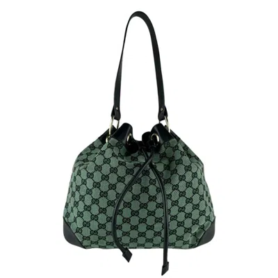 Pre-owned Gucci Black Green Gg Canvas Leather Shoulder Bag () In Multi