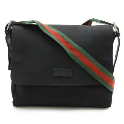 Pre-owned Gucci Black Green Red Color Canvas Leather Shoulder Bag ()