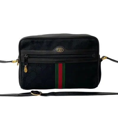 Pre-owned Gucci Black Green Red Color Canvas Leather Shoulder Bag ()