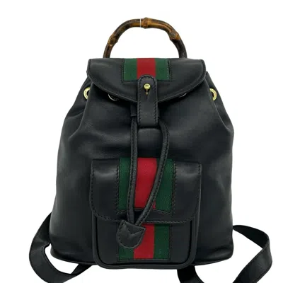 Pre-owned Gucci Black Green Red Color Leather Backpack () In Black, Green, Red Color