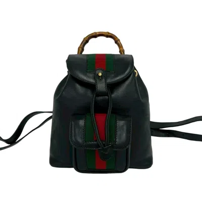 Pre-owned Gucci Black Green Red Color Leather Bamboo Backpack () In Multi