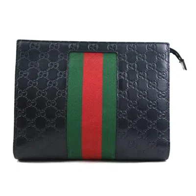 Pre-owned Gucci Black Green Red Color Leather Clutch Bag ()