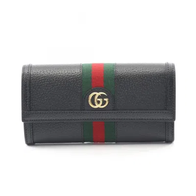 Pre-owned Gucci Black Green Red Color Leather Long Wallet (bi-fold) () In Multi