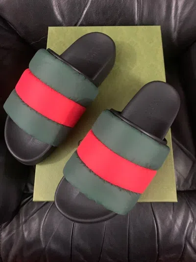 Pre-owned Gucci Black Green Red Web Design Nylon Sliders Slides Sizes Uk 9 & 11 Rrp £400 In Multicoloured