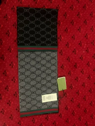 Pre-owned Gucci Black Grey Double Logo Scarf In Multicoloured