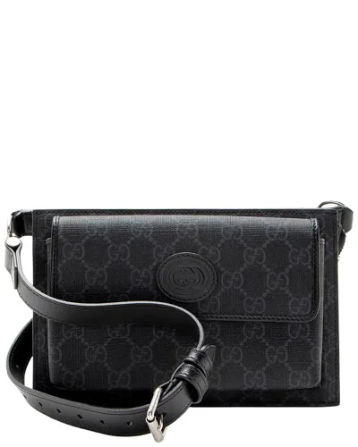 Pre-owned Gucci Black, Grey Gg Supreme Coated Canvas, Leather Flap Pocket Belt Bag  (authentic Pre-loved)