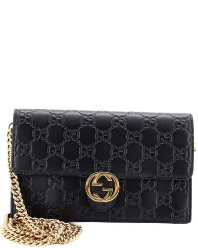 Pre-owned Gucci Black Ssima Leather Icon Wallet On Chain (authentic Pre-loved)