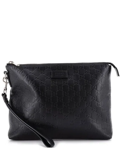 Pre-owned Gucci Black Ssima Leather Signature Soft Wristlet (authentic Pre-loved)