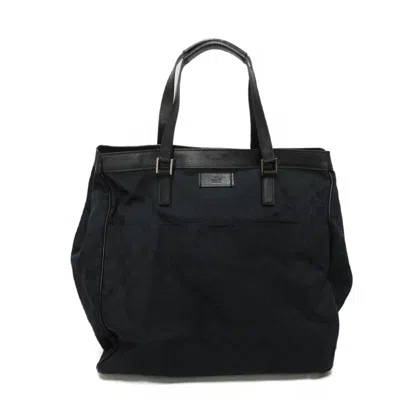 Pre-owned Gucci Black Gunmetal Gg Canvas Leather Tote Bag ()