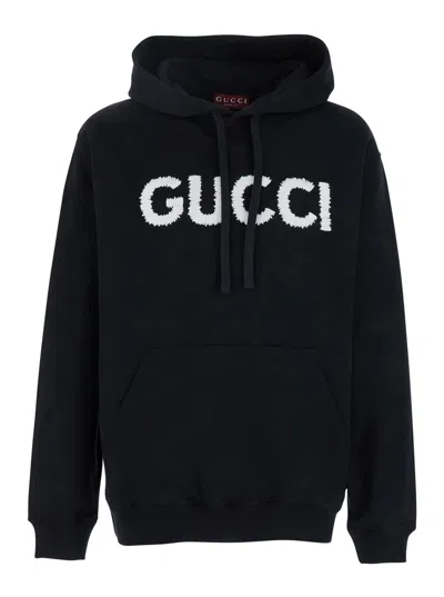 Gucci Black Hoodie With Embroidered Logo On The Front In Cotton Man