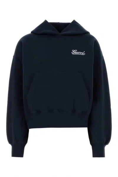Gucci Black Hoodie With Puff Sleeves And Logo Embroidery In Blue