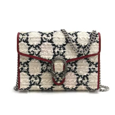 Pre-owned Gucci Black Ivory Red Color White Leather Tweed Clutch Bag Shoulder Bag ()
