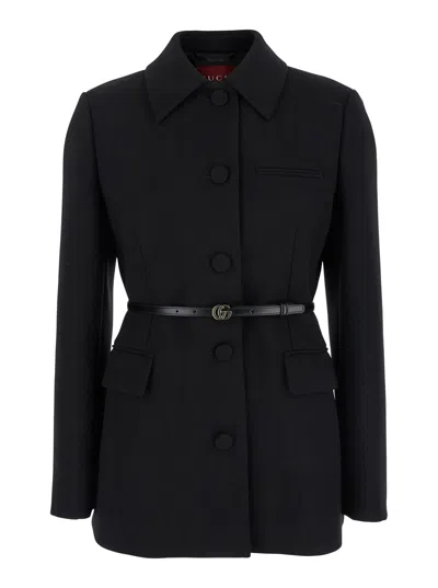 GUCCI BLACK JACKET WITH CLASSIC COLLAR AND BELT WITH DOUBLE G DETAIL IN LEATHER WOMAN