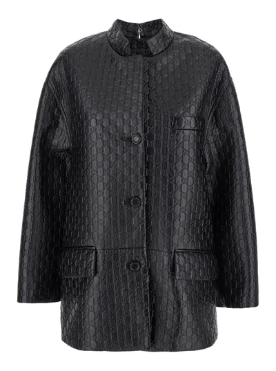 Gucci Black Jacket With Embossed All-over Gg Logo In Leather Woman In Multicolor
